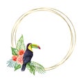 Floral wreath with tropical palm leaves, toucan bird. Watercolor illustration. Hand drawn tropical flowers with exotic Royalty Free Stock Photo