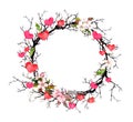 Floral wreath - twigs with spring flowers, hearts. Watercolor circle border for Valentine day, wedding Royalty Free Stock Photo