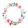 Floral wreath vector. Botanic decoration illustration of pink and peach sakura, leaves, branches. Botanic composition for wedding