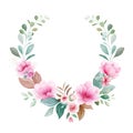 Floral wreath vector. Botanic decoration illustration of pink and peach sakura, leaves, branches. Botanic composition for wedding