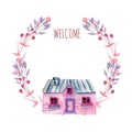 Floral wreath with watercolor cartoon private house in purple and pink shades