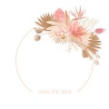 Floral Wreath With Watercolor Dry Pastel Flowers, Pampas Grass, Tropical Palm. Vector Summer Vintage Orchid