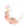 Floral Wreath With Watercolor Dry Pastel Flowers, Pampas Grass, Tropical Palm. Vector Summer Vintage Orchid Flower