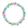 Floral wreath on white background. Bright colorful spring flowers. Vector floral frame template. Royalty Free Stock Photo