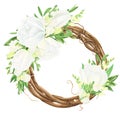 Floral wreath with white spring flowers: tulips and freesias, watercolor painting. Royalty Free Stock Photo