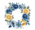 Floral wreath yellow and blue roses flowers, forest blue leaves, white background. Wedding invitation circle frame. Vector Royalty Free Stock Photo