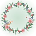 Floral wreath with zebra finches birds