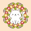 Floral wreathe with leaves and cute cat charactor