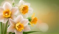 Narcissus or daffodil spring bouquet, blur multicolour bokeh background. Beautiful composition. Generative AI