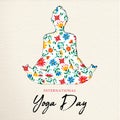 Floral yoga day card of girl doing meditation