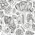 floral zentangle seamless pattern. Adult antistress coloring page. Vector illustration with poppy, leaves and rowan