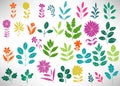 Floral Set of colorful doodle elements, tree branch, bush, plant, leaves, flowers, branches petals isolated on white.