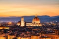 Florence Aerial View at Golden Sunset over Cathedral of Santa Maria del Fiore with Duomo Royalty Free Stock Photo