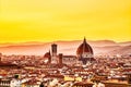 Florence Aerial View at Golden Sunset over Cathedral of Santa Maria del Fiore with Duomo Royalty Free Stock Photo