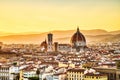 Florence Aerial View at Golden Sunset over Cathedral of Santa Maria del Fiore with Duomo