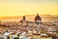 Florence Aerial View at Golden Sunset over Cathedral of Santa Maria del Fiore with Duomo