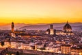 Florence Aerial View at Golden Sunset over Palazzo Vecchio and Cathedral of Santa Maria del Fiore with Duomo Royalty Free Stock Photo