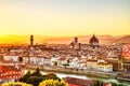 Florence Aerial View at Golden Sunset over Palazzo Vecchio and Cathedral of Santa Maria del Fiore with Duomo Royalty Free Stock Photo