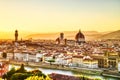 Florence Aerial View at Golden Sunset over Palazzo Vecchio and Cathedral of Santa Maria del Fiore with Duomo Royalty Free Stock Photo