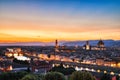 Florence Aerial View at Golden Sunset over Ponte Vecchio Bridge, Palazzo Vecchio and Cathedral of Santa Maria del Fiore with Duomo Royalty Free Stock Photo