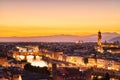 Florence Aerial View at Golden Sunset over Ponte Vecchio Bridge, Palazzo Vecchio and Cathedral of Santa Maria del Fiore with Duomo Royalty Free Stock Photo