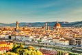 Florence Aerial View at Sunrise over Ponte Vecchio, Italy over Palazzo Vecchio and Cathedral of Santa Maria del Fiore with Duomo Royalty Free Stock Photo