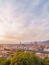 Florence cityscape with Ponte Vecchio bridge, Santa Maria del Fiore cathedral and spectacular sunset sky.