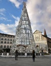 Florence, December 2018: Christmas tree in Piazza Santa Maria Novella at Florence. Italy. Royalty Free Stock Photo