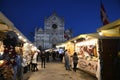 Florence, December 2019: The famous Christmas Market in Piazza Santa Croce with the Basilica on the background. Florence