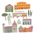 Florence icons set. Traditional symbols and buildings full color vector illustration.