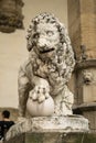 Florence, Italy - 23 April, 2018: a lion statue near Loggia dei Lanzi