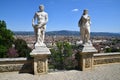 Florence, Italy April 2019: Statues at Bardini Garden at Boboli Garden and cityscape of Florence.