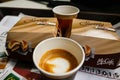 Breakfast in Italy, espresso macchiato and chocolate burger.