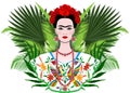 Frida Kahlo portrait, Mexican woman with a traditional hairstyle, floral and palms exotic background Royalty Free Stock Photo