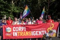 Crowds of demonstrators holds a banner that reads INTRANSIGENT BODIES, during the Toscana Pride LGBTQ parade. Royalty Free Stock Photo