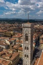 Florence, Italy, July, 28, 2017: A sweeping view of the skyline and rooftops of Florence including Giotto`s bell tower Royalty Free Stock Photo