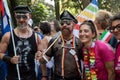 Unidentified macho men and other gay rights activists, posing during the Toscana Pride LGBTQ parade Royalty Free Stock Photo