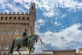 Florence, Italy - 25 June 2018: Bronze statue of Cosimo Medici sitting on a horse, in a square near the Palazzo Vecchio in