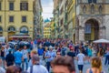 FLORENCE, ITALY - JUNE 12, 2015: Crowded square on Florence, all tourists walking around trying to visit this nice city