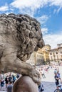 Florence, Italy - 25 June 2018: Piazza della Signoria with the Medici Lion at Loggia dei Lanzi in Florence, Italy