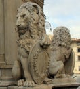 Florence. Italy. March 11, 2019. Stone sculpture of a lion with a shield at the foot of the monument to Dante Alighieri