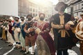 Figurants wearing Florentine Republic costumes, during the historical reenactment Ã¢â¬ÂBacco Artigiano 2020 FestivalÃ¢â¬Â. They carry