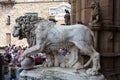 Florence, ITALY- September 10, 2016: Marble statue of Lion at Loggia Dei Lanzi in front of Palazzo Vecchio