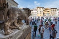 Florence, ITALY- September 10, 2016: View on Marble statue of Lion at Loggia Dei Lanzi in front of Palazzo Vecchio