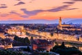 Florence, Italy. Sunset view of Palazzo Vecchio and Ponte Vecchio. Royalty Free Stock Photo