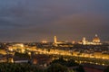 Florence old city skyline at night with Ponte Vecchio over Arno River and Cathedral of Santa Maria del Fiore in Florence, Italy Royalty Free Stock Photo