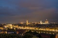 Florence old city skyline at night with Ponte Vecchio over Arno River and Cathedral of Santa Maria del Fiore in Florence, Italy Royalty Free Stock Photo