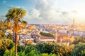 Florence panorama. Dawn and cityscape skyline of Florence Italy with Signoria and the Ponte Vecchio bridge over the river Arno Royalty Free Stock Photo