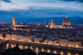 Florence panoramic view from above during blue hour with historical buildings Duomo churches and Ponte Vecchio Royalty Free Stock Photo