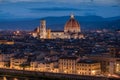 Florence panoramic view from above during blue hour with historical buildings Duomo churches and Ponte Vecchio Royalty Free Stock Photo